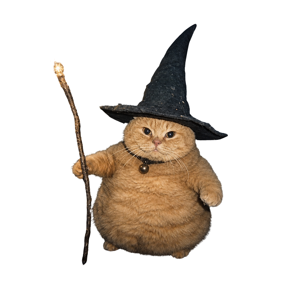 Magic Internet Cat, a fluffy orange cat wearing a black witch hat and holding a glowing wooden staff