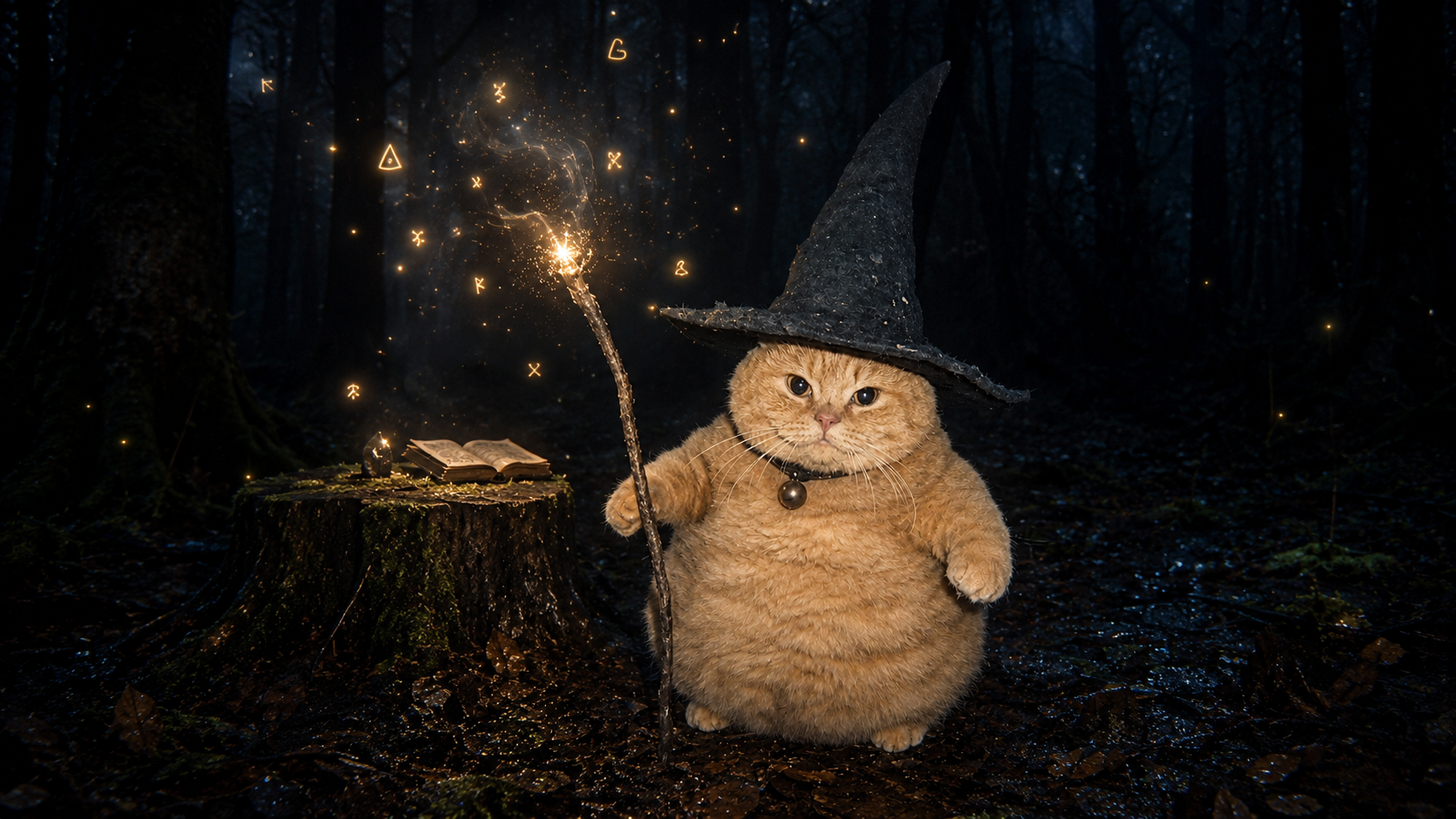Magic Internet Cat standing in a dark forest beside a mossy stump with an open spellbook, holding a glowing staff surrounded by golden runes