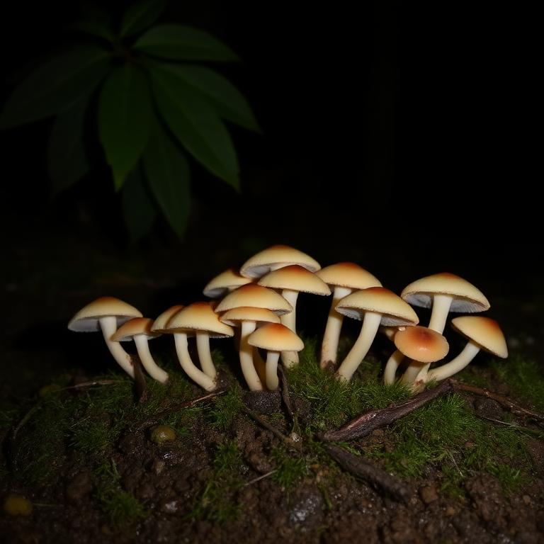 A cluster of pale mushrooms glowing faintly in a dark forest