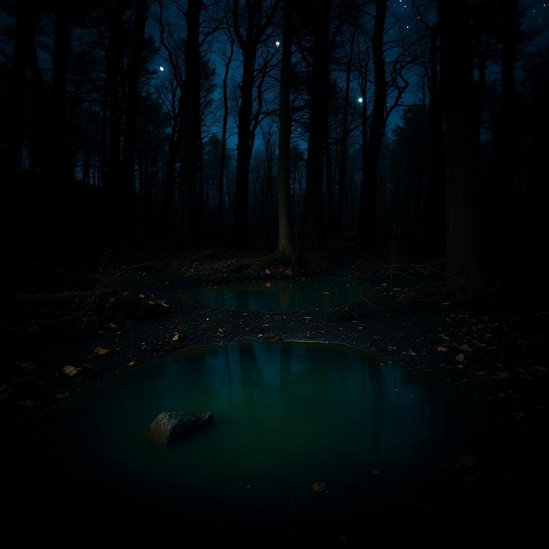 A still, glowing green puddle in a dark forest clearing at night